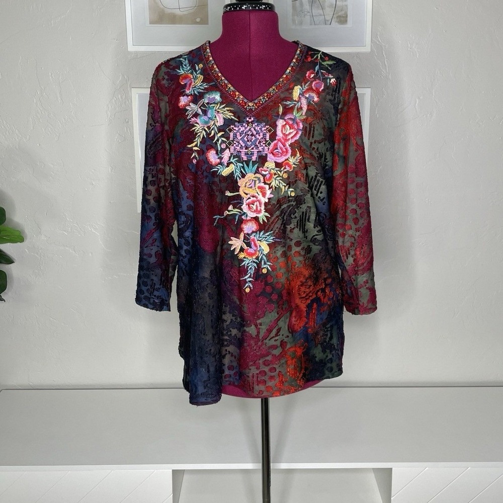 Calessa Tunic Top Women's Medium Multi-Color Burnout Velvet Floral Embroidered